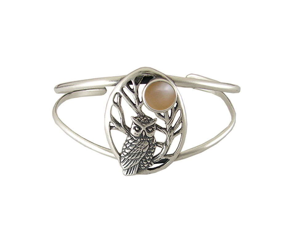 Sterling Silver Owl of the Dark Night Cuff Bracelet with Rainbow Moonstone